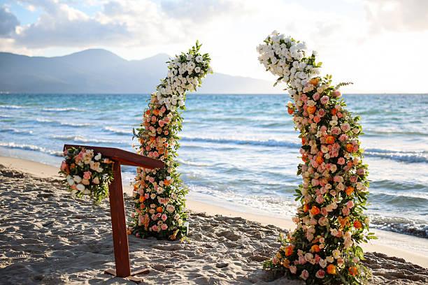 Romantic wedding ceremony. Beautiful setting for outdoors wedding ceremony waiting for bride and groom and guests. Decoration