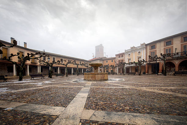 Panoramic view of the town square in Torija, Guadalajara, Castilla la Mancha, Spain, on a cloudy day
