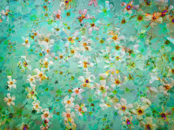 A soft, ethereal composition of delicate white and pastel blossoms layered over a turquoise background, creating a dreamy, floating effect. Subtle transparency and overlapping petals give the image a light, airy mood with gentle movement and depth.