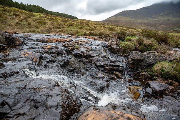 A dynamic shot of a mountain stream rushing over rocks, surrounded by the wild moorland of the Scottish Highlands.