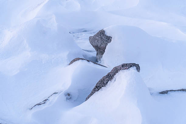 A serene winter landscape showing snow covered rocks forming a natural line along a frozen shoreline. Soft light and pale blue tones create a calm, minimalist atmosphere that emphasizes cold weather, stillness, and natural textures.
