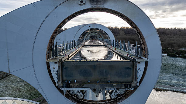 The upper aqueduct of the Falkirk Wheel in Scotland, with its distinctive round arches. The Falkirk Wheel is a rotating boat lift connecting the Union Canal with the Forth and Clyde Canal.