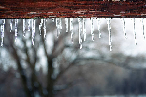 Icicles drip slowly from a wooden roof, captured in close-up with intricate frost patterns and winter light