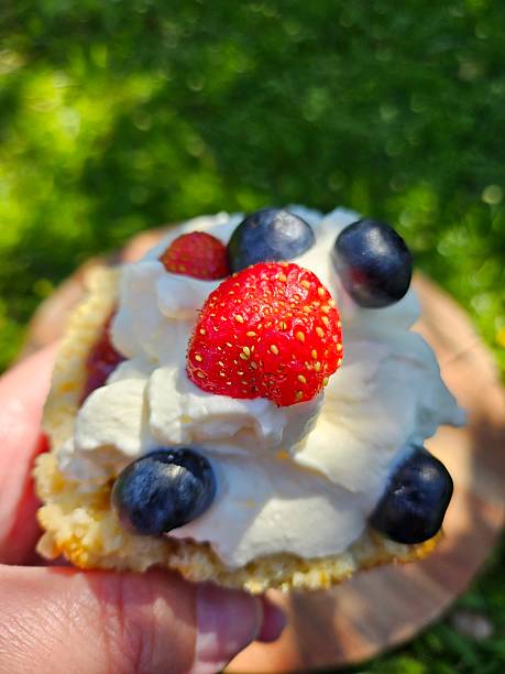 Hand holding Baked Scone Desert with Fresh Cream, Berries and Fruit Preserve Served Outside on Lawn Covered in Wildflowers