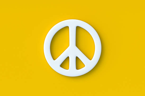 Peace sign on orange background. Anti war symbol. Top view. 3d render