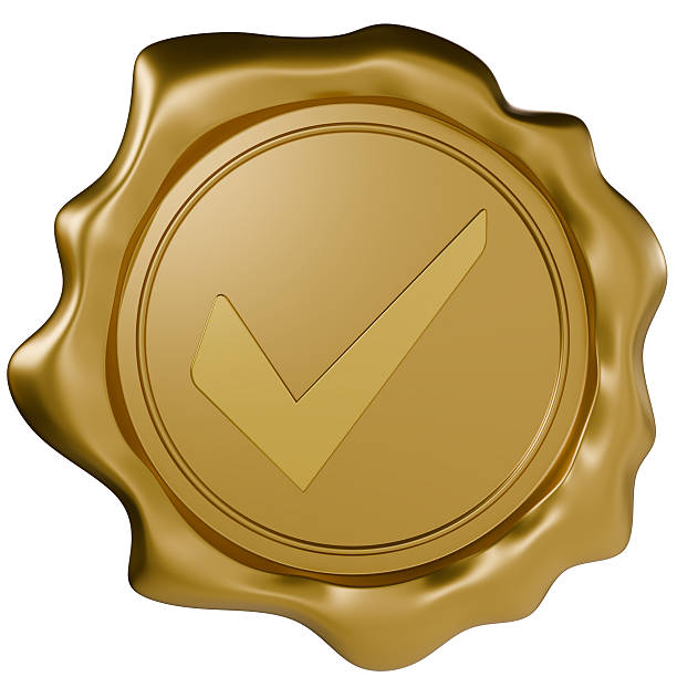 3D render golden wax seal with a checkmark symbol. Premium quality guarantee, verified certificate, and business approval icon. Realistic metallic stamp illustration