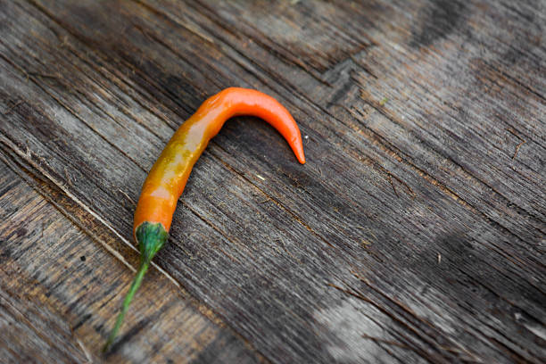 Single Ripe Red Chili Pepper on Rustic Wooden Background