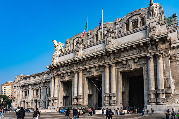 Overview of Milano Central Station building from the top, with Piazza Duca d'Aosta below. The entrance gate for the upcoming Expo 2015