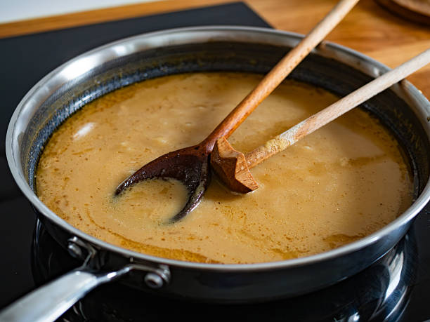 istock Gravy sauce in frying pan on electric stove 2256178032