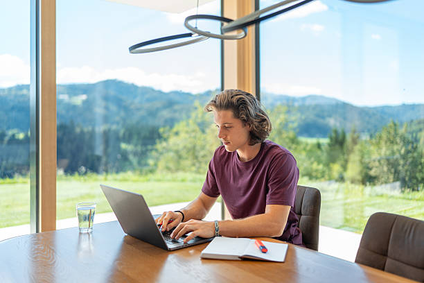 istock Young Male Focuses on Laptop Work in Bright Home Setting 2256180156