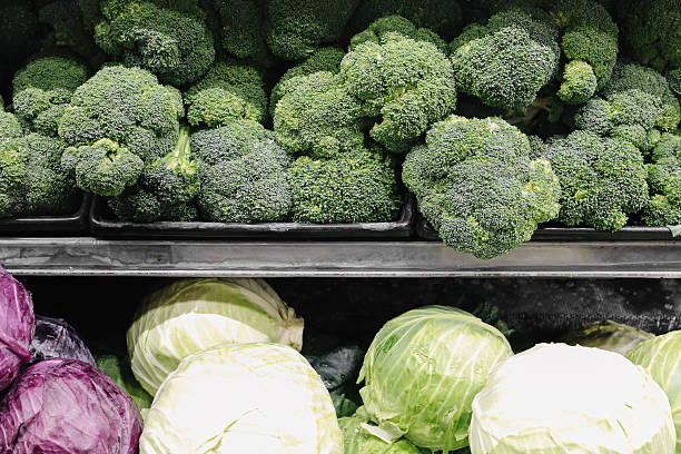 Healthy organic produce shelf. Raw plant food texture. Grocery store vegetarian nutrition concept.