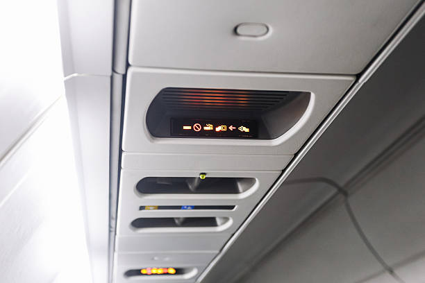 Aviation interior technology closeup. Travel transport concept. Commercial flight equipment view.
