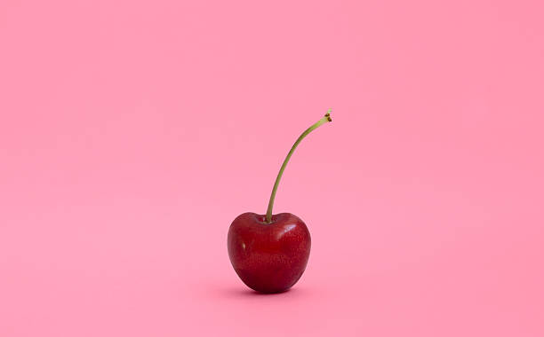 A single bright red cherry stands on a smooth pink background.