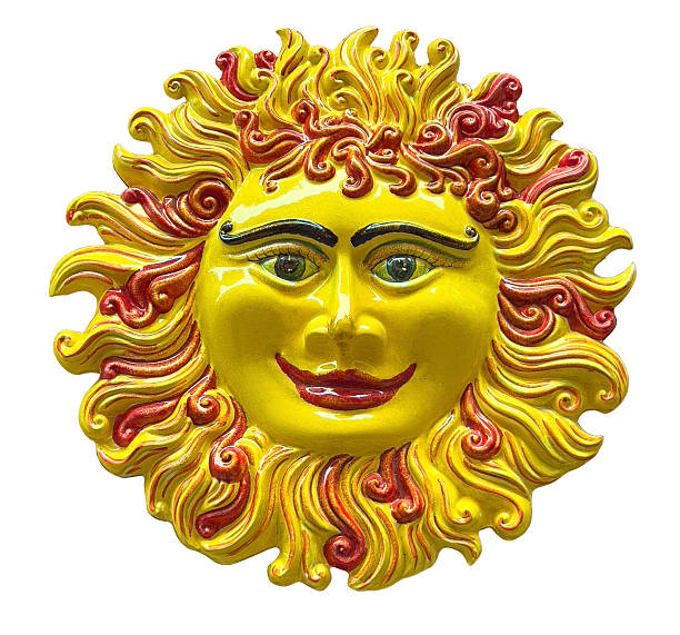 Decorative yellow ceramic sun sculpture with red rays and smiling face, on transparent background