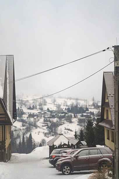 High angle view of steep-roofed mountain cottages and parked cars overlooking a snow-covered village nestled in a misty European valley during the winter season.