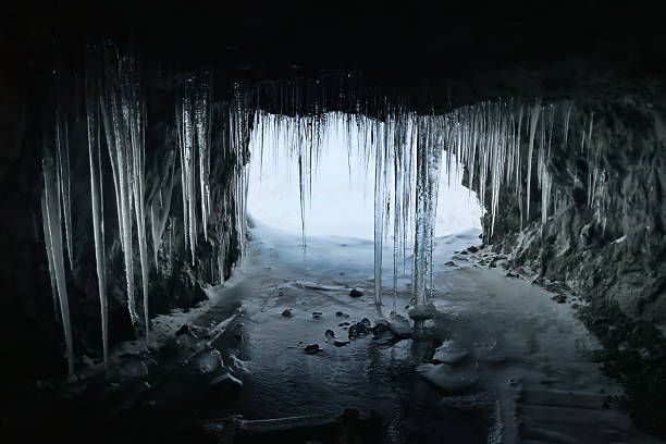 The entrance to the ice cave is hung with large icicles