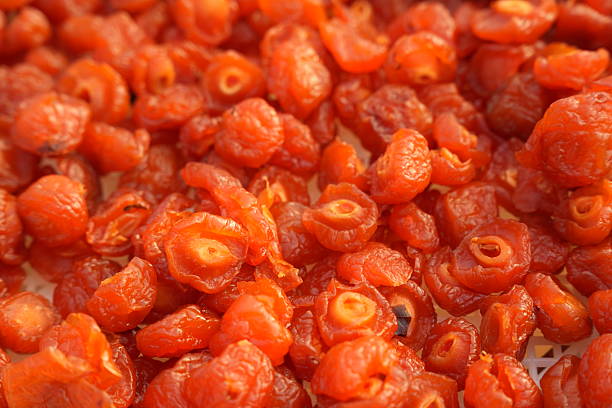 Drying dried apricots in  in a sunlit greenhouse