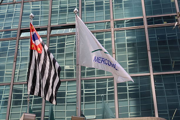 Mercosur Mercosul and Sao Paulo flag together, on a sunny day, at Sao Paulo. High quality photo