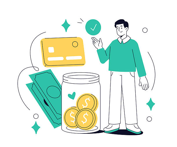 Character collect money in jar. Crowdfunding, donation, charity, financial support concept. Vector outline illustration.