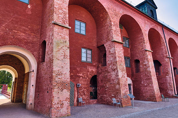 Landskrona, Sweden - Aug 8, 2025: A view of the Landskrona Citadel shows its red brick arches and windows a historical landmark with unique architecture and design , popular travel destination in Sweden.