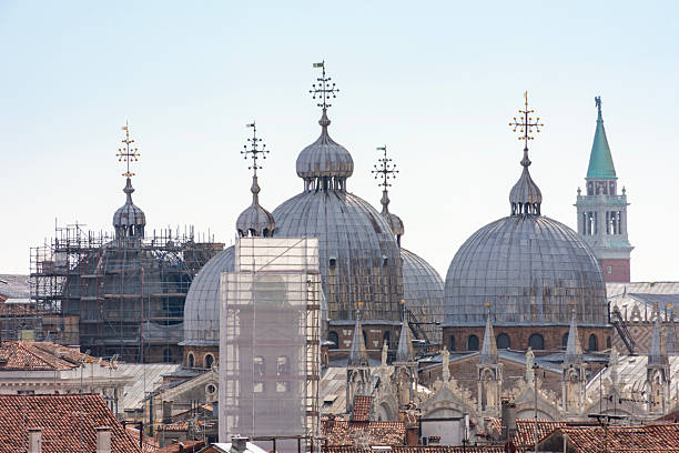 Stunning panoramic view of Venice city skyline and rooftops from the top of St Marks Campanile in Italy