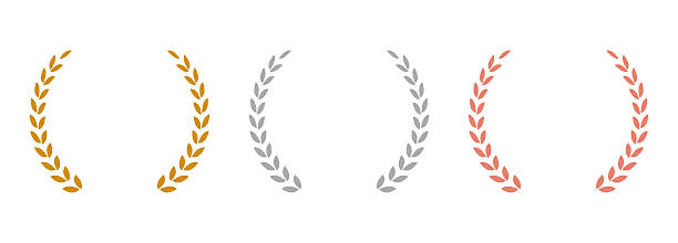 Laurel wreath of victory icon, set of gold, silver, and bronze medals on white background