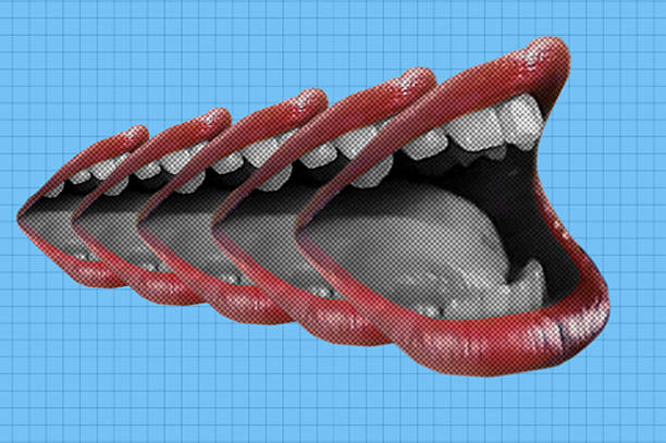 Halftone collage with female open mouth. Female halftone lips. Trendy collage in Y2K style for social media