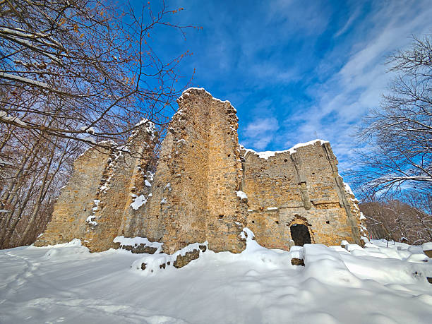 Historic stone ruins of the Pauline monastery rising from snow-covered ground, framed by bare trees and blue sky. Atmospheric winter scene in the Bükk Mountains, Hungary.