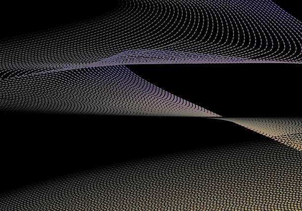 Abstract yellow purple halftones dots background with waves for banner. Medium banner size. Modern yellow gradient background with shining lines waves. Abstract digital fractal pattern.