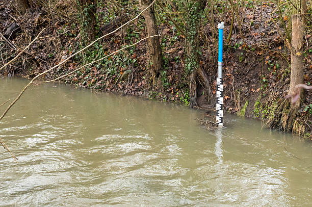 River water level rising due to heavy rainfall, showing flood potential