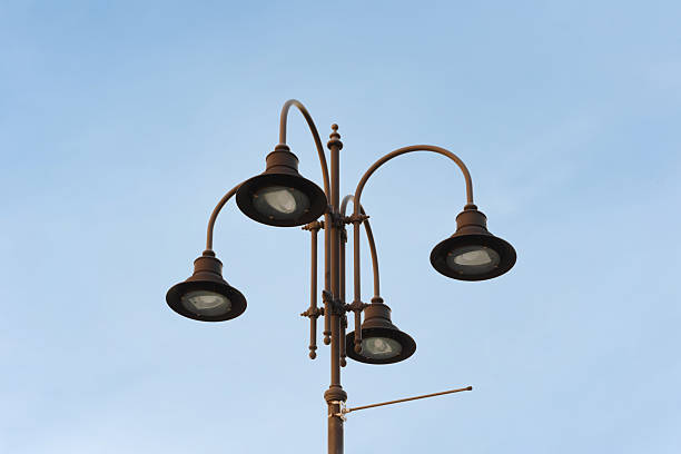 Low Angle View of a Rustic Street Lamp with Modern LED Bulbs Against a Clear Sky