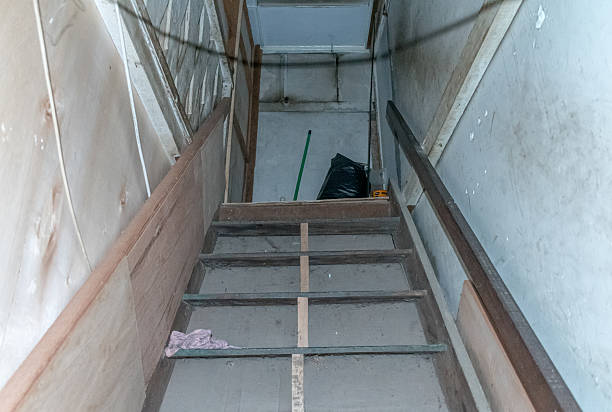 Low-angle view of a wooden staircase under construction inside a building with visible framework and structural support.