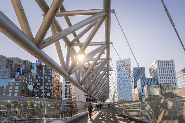 Wide angle view from Akrobaten pedestrian bridge in the Bjørvika area of Oslo Norway showing people walking across the modern steel structure above the railway tracks near Oslo Central Station. Strong winter sunlight creates dramatic shadows from the bridge framework while the contemporary high rise buildings of the Barcode Project rise in the background. The scene highlights modern Scandinavian architecture urban infrastructure and everyday city life in one of Oslo’s most developed business and residential districts