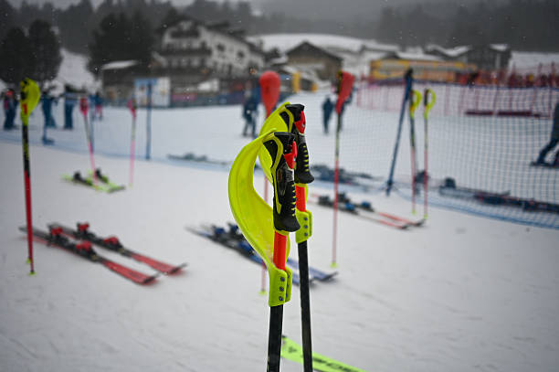 Side view of young male skier at straight downhill race, panning