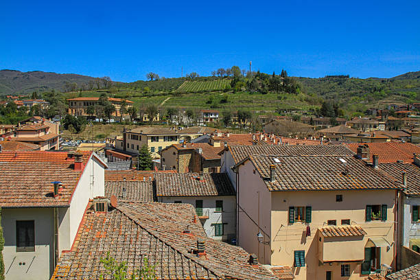Panoramic view of a traditional Tuscan village with terracotta rooftops, rolling hills and greenery under a clear blue sky, showcasing Italian countryside, heritage architecture and travel lifestyle.