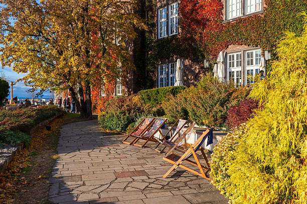 Krakow, Poland – October 25, 2025: Wooden deck chairs line a stone path beside a historic building covered in colorful autumn ivy. The quiet courtyard atmosphere reflects seasonal change and relaxed urban leisure near historic architecture.