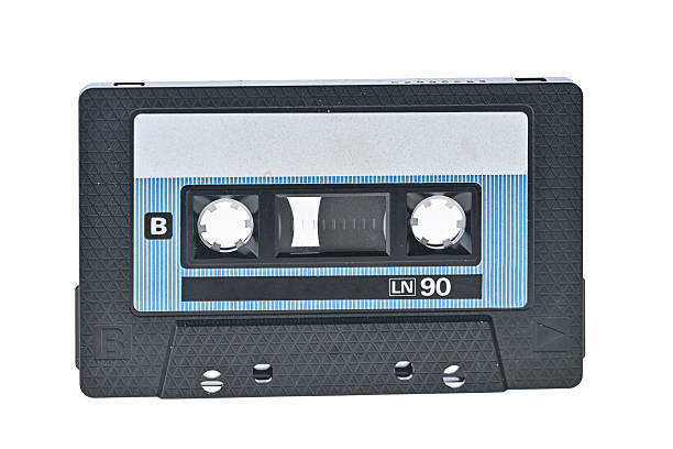 Old vintage audio cassette close up isolated on white background