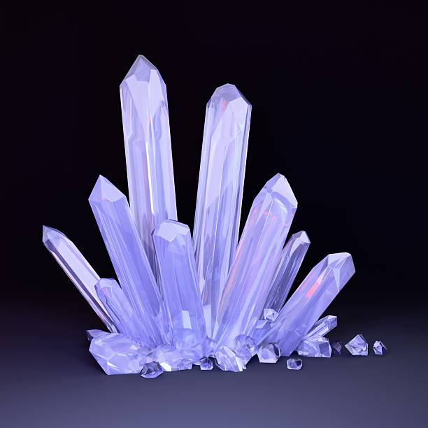 Cluster of crystals on dark background, minerals, rough nuggets, semiprecious gems. 3D render.
