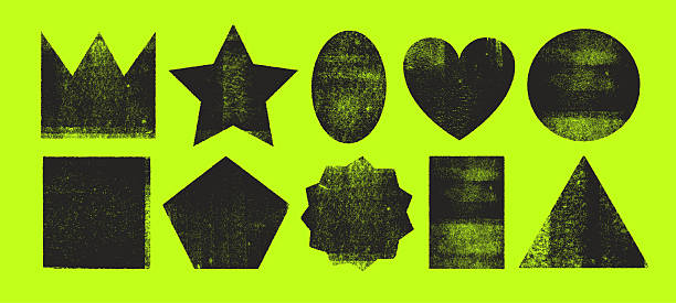 Geometric linocut stamp texture shapes on acid green background. Handmade labels and badges collection. Various geometric forms and shapes with old vintage effect. Ink roller vector rough texture.