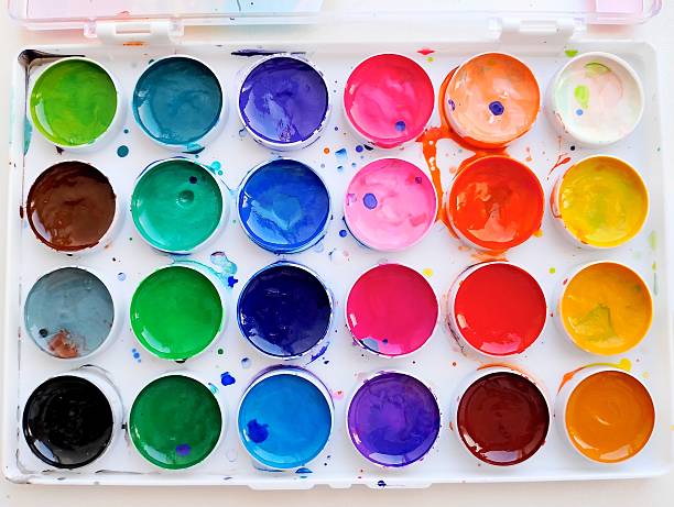 A used and colorful rectangular watercolor palette, organized by color, highlights the lively, messy, and creative process of creating unique art.