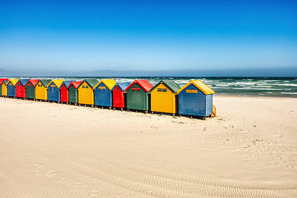 Muizenberg Beach Huts in Cape Town during a Sunny Day, South Africa