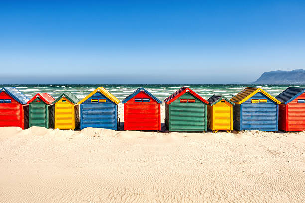 Muizenberg Beach Huts in Cape Town during a Sunny Day, South Africa