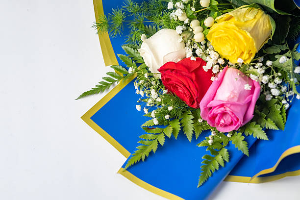 A vibrant bouquet of roses in various colors including red, pink, yellow, and white, arranged with greenery on a blue background