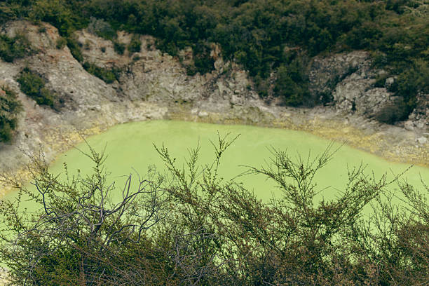 Steep basin holds vivid mineral water beneath shrubs crater sulfurous thermal