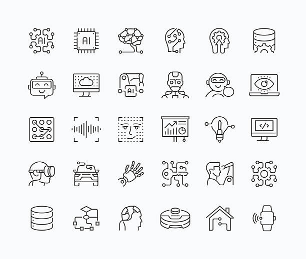 ilustrații de stoc cu set de pictograme pentru linii subțiri de inteligență artificială · 30 de icoane - recunoaşterea vorbirii