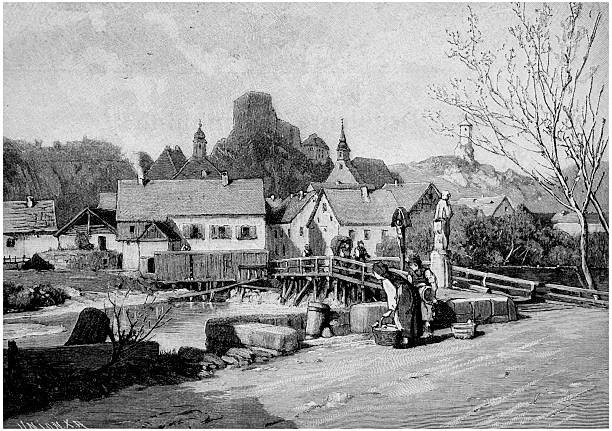 Antique wood engraving: women washing clothes at a river bridge, European village with watermill and castle ruins