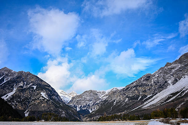 Snowy mountain range with a valley floor under a bright blue sky with clouds