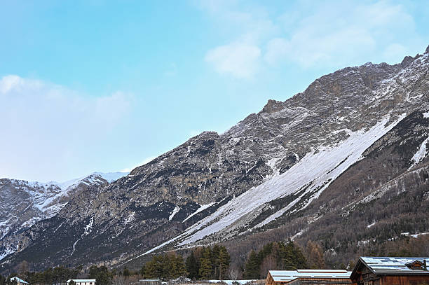 Snowy mountain peaks and pine forests under a clear blue sky