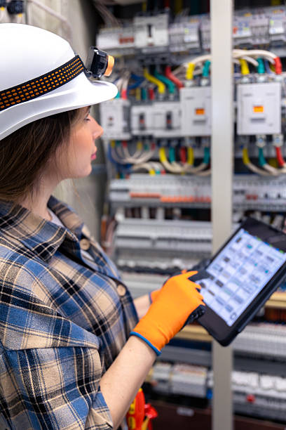 istock Woman electrician runs switchboard check from tablet. Remote review. 2256306954