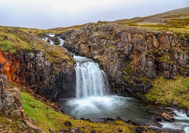 Waterfall flowing over rugged rocks into a clear pool, surrounded by green moss and grass
